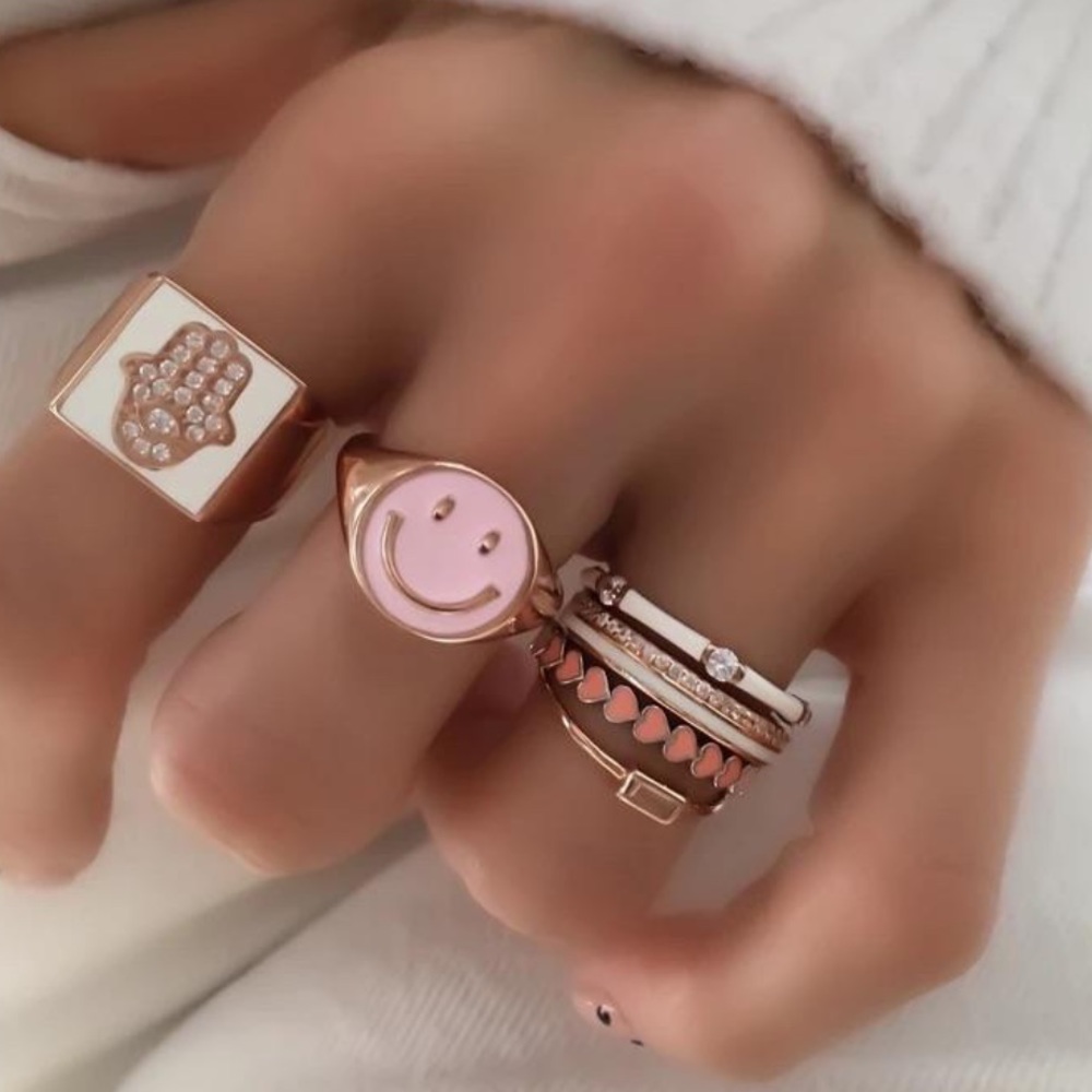 Pink Enamel Smiley Face Adjustable Ring